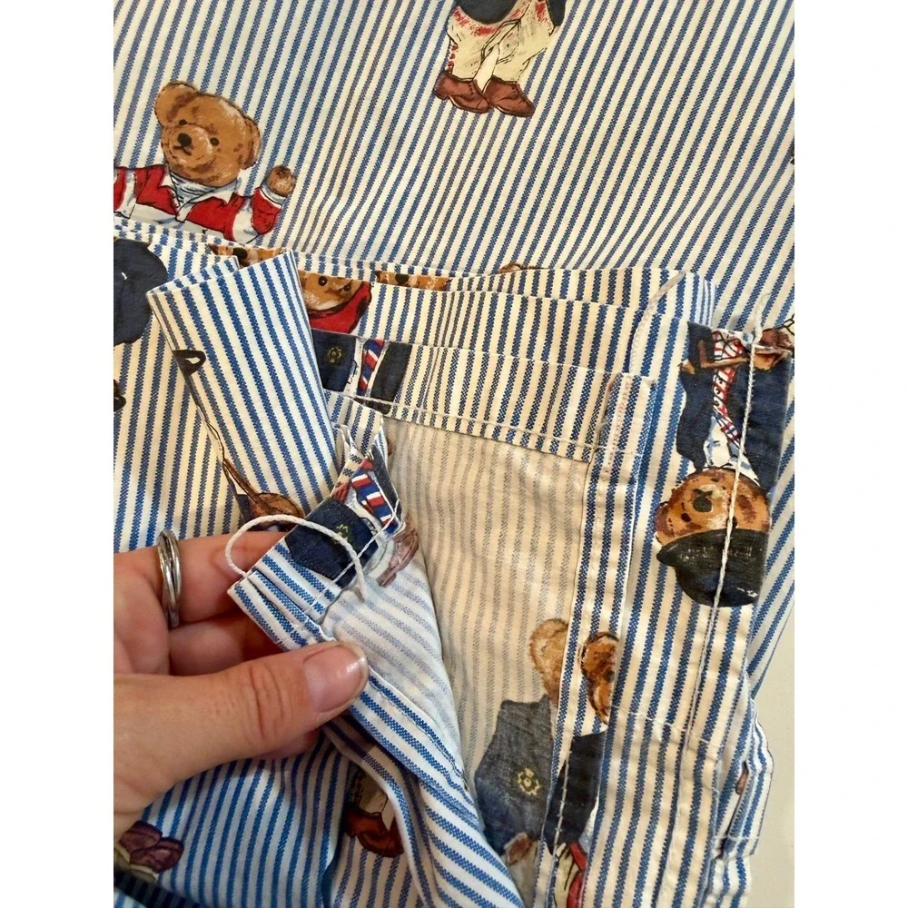 Vintage Ralph Lauren Polo Bear Queen‎ Flat Sheet Standard Pillowcase Blue Stripe